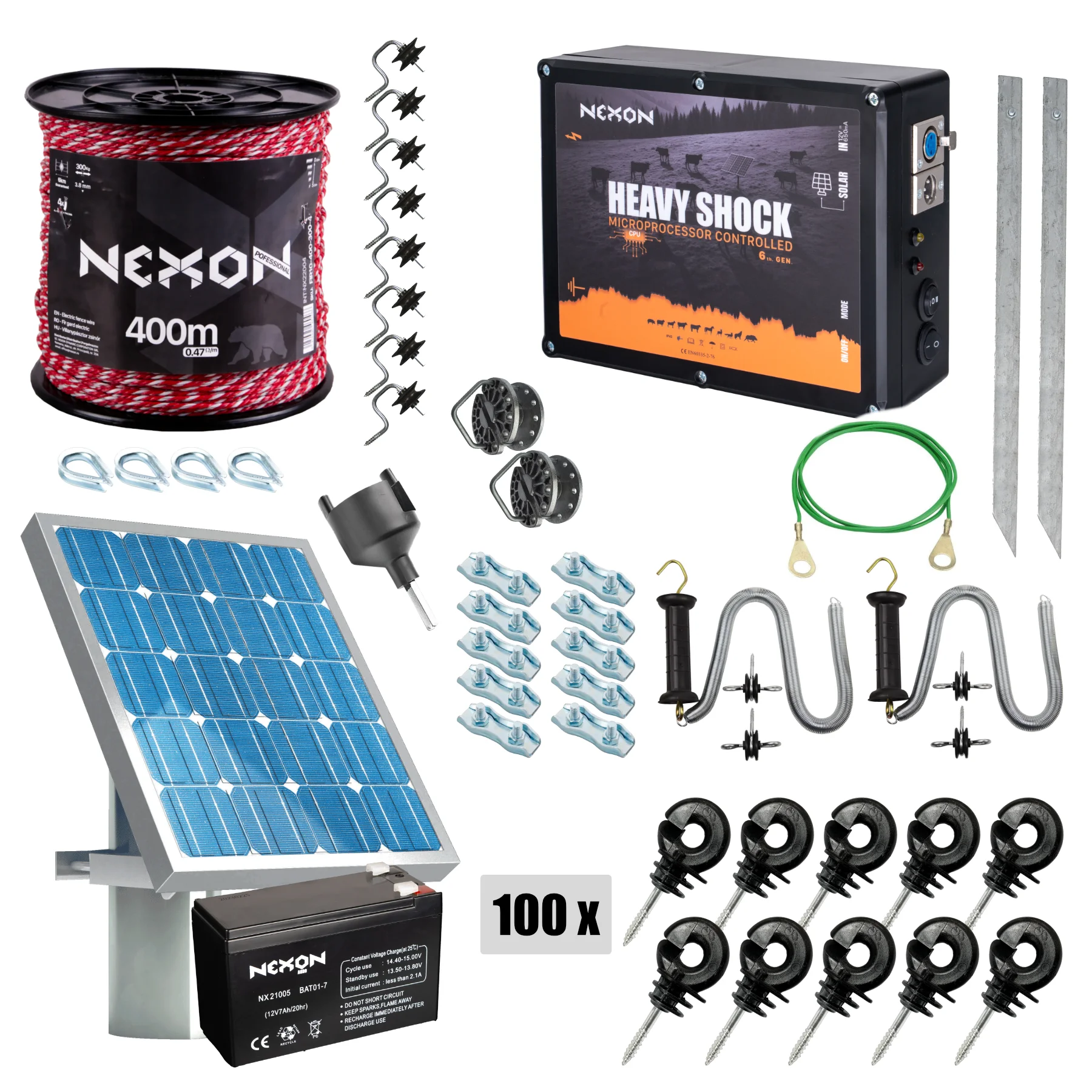 NEXON HeavyShock PRO 5 J complete solar electric fence kit with battery and 400 m wire