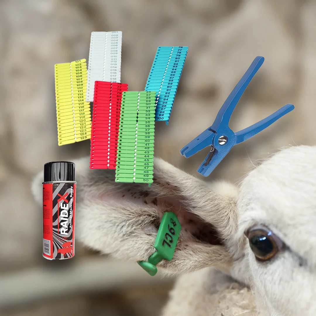 Set crotalii numerotate 1–200 pentru oi, capre și porci, cu clește și spray de marcare