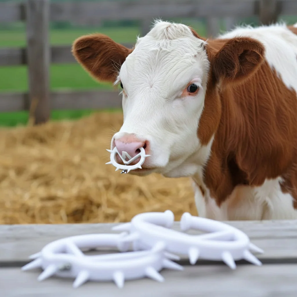 Small anti-suckling nose ring for calves and young cattle, white