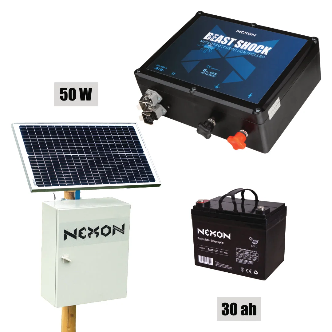 NEXON BeastShock 6 J solar electric fence kit with 50 W panel, 30 Ah battery and metal boxr