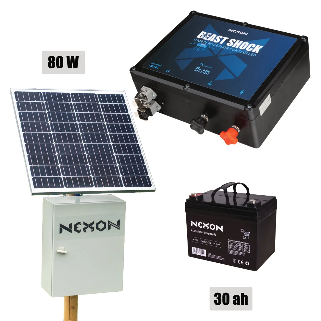 NEXON BeastShock 7.5 J solar electric fence kit with 80 W panel, 30 Ah battery and metal box