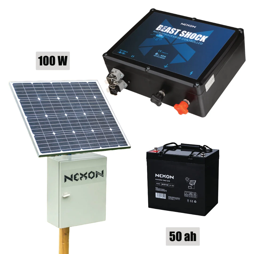 NEXON BeastShock 10 J solar electric fence kit with 100 W panel, 50 Ah battery and metal box