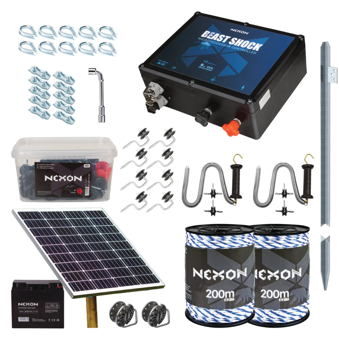 NEXON BeastShock 6 J solar electric fence kit with 50 W panel and 400 m rope