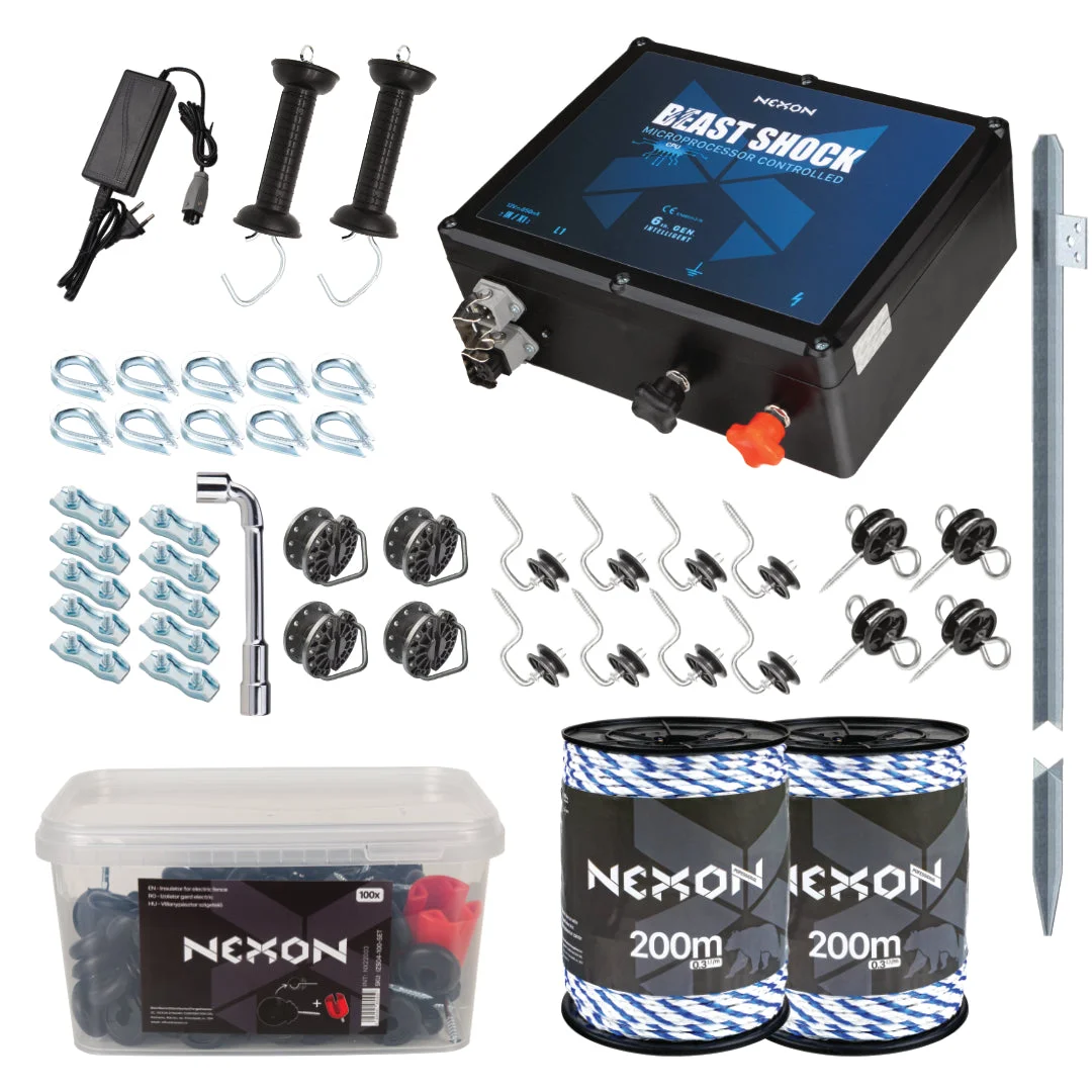 NEXON BeastShock 7.5 J electric fence kit with power adapter and 400 m PROFESSIONAL rope