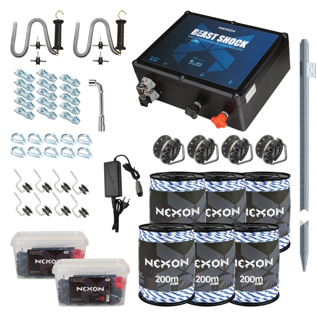 NEXON BeastShock 10 J electric fence kit with power adapter and 1200 m PROFESSIONAL rope