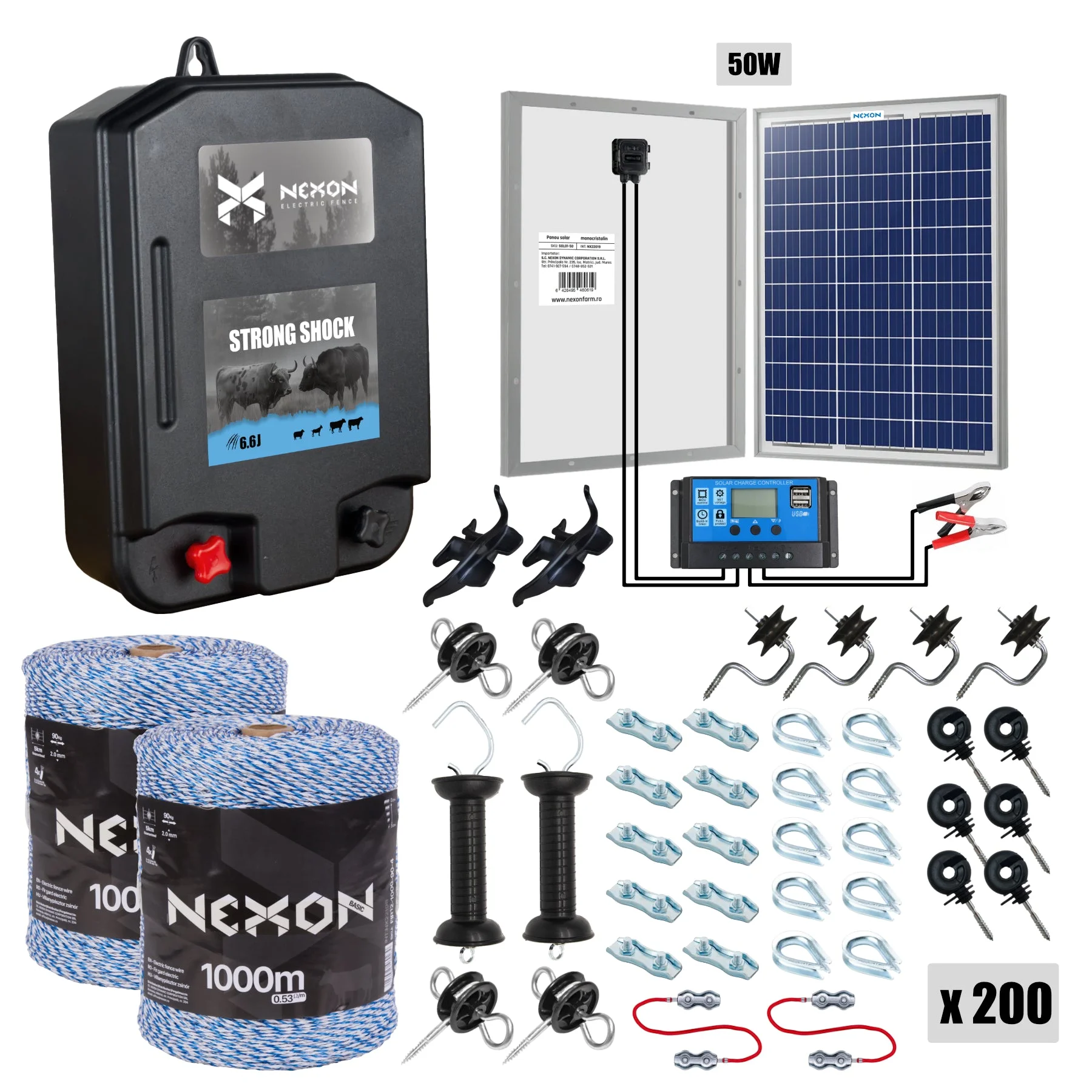 NEXON StrongShock 6.6 J PREMIUM solar electric fence kit with 2000 m BASIC wire