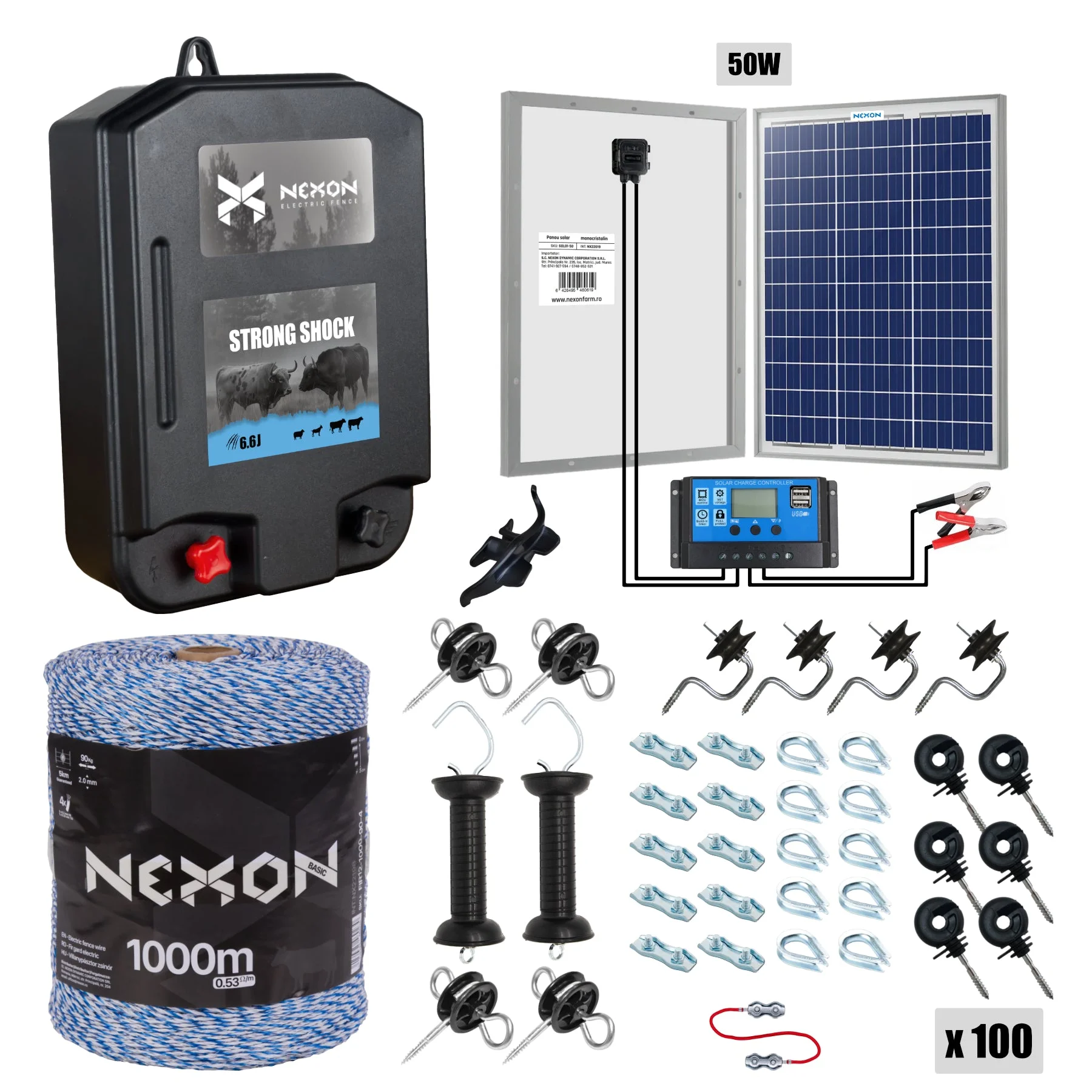 NEXON StrongShock 6.6 J PREMIUM solar electric fence kit with 1000 m BASIC wire