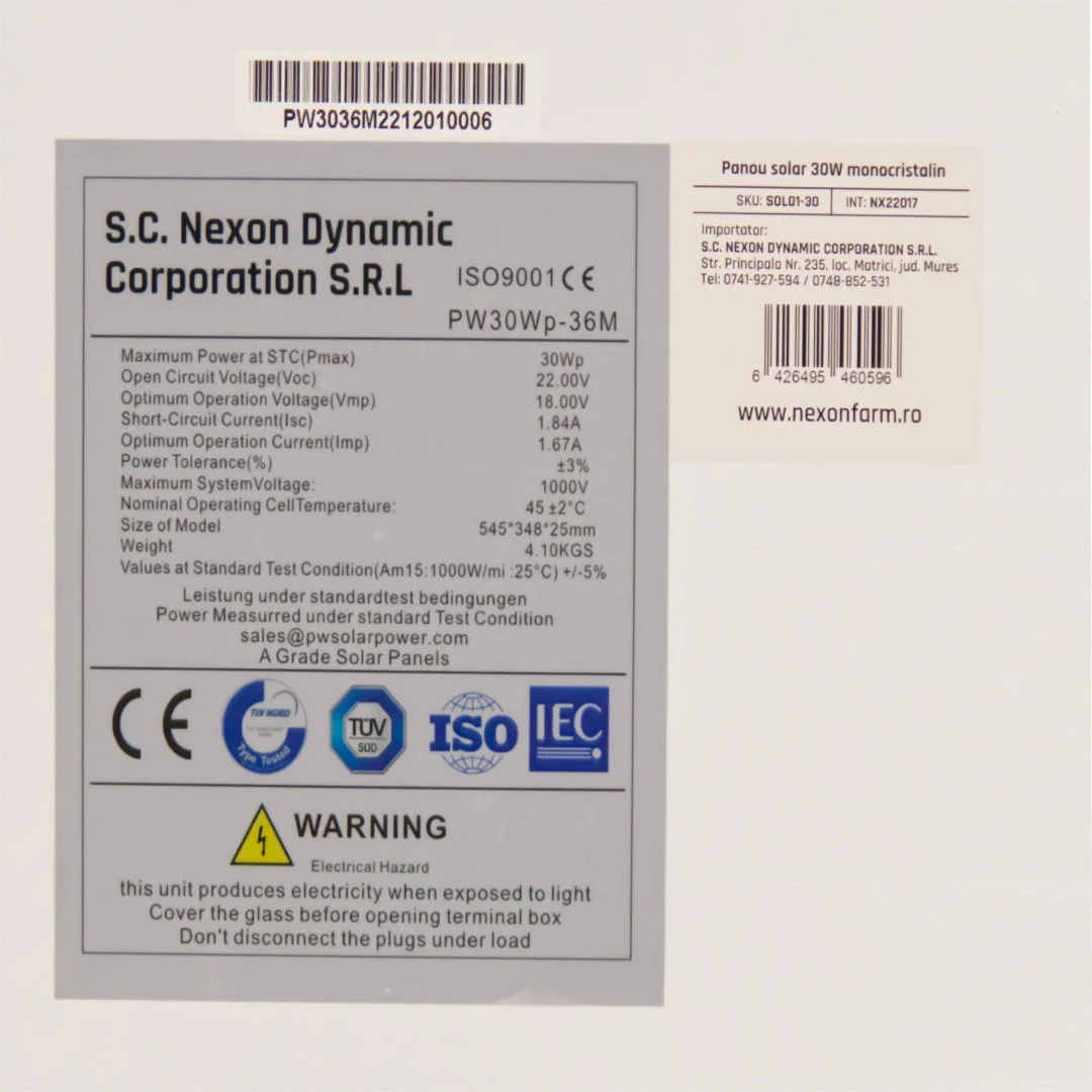 NEXON solar panel for electric fence, 30 W, without mounting bracket