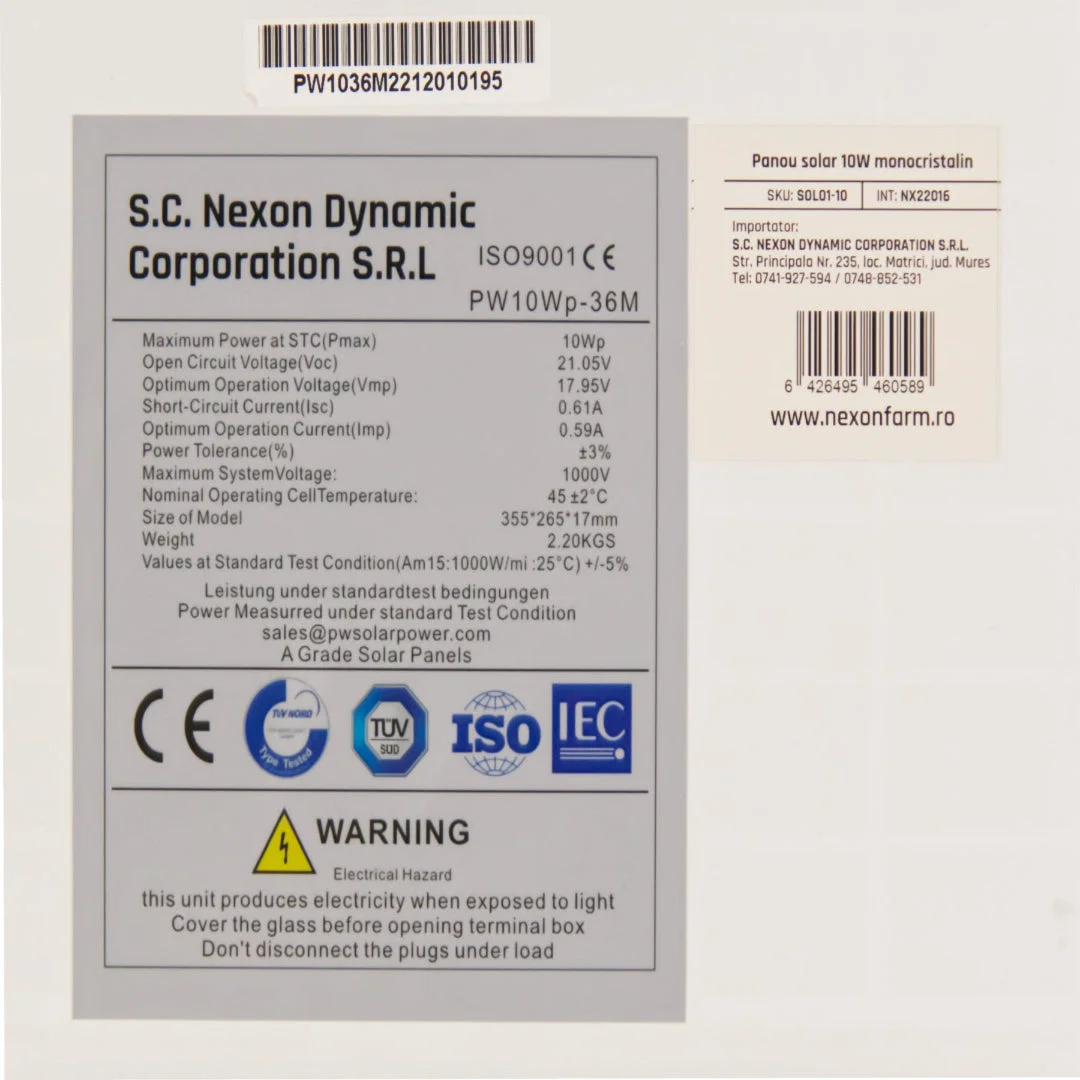 NEXON solar panel for electric fence, 10 W, without mounting bracket
