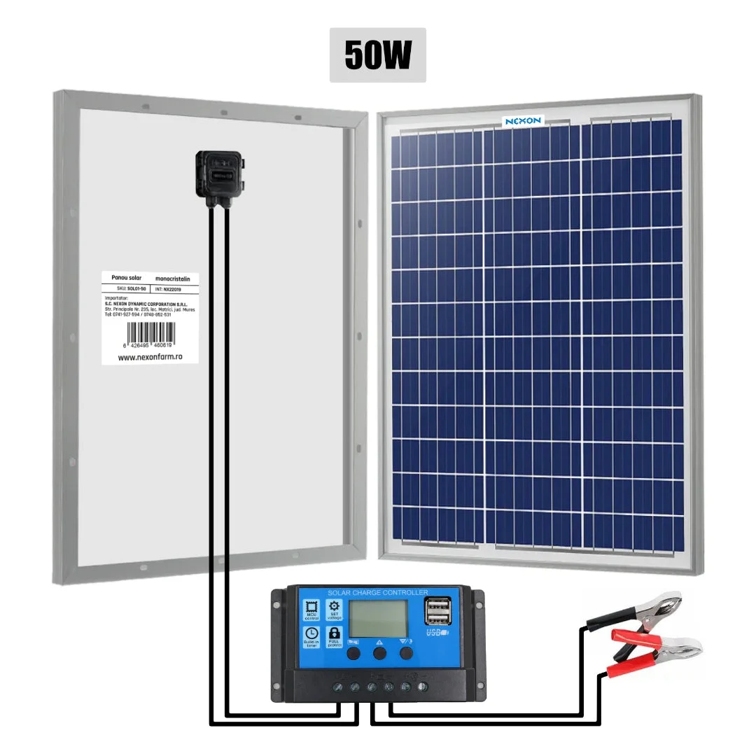 NEXON solar panel for electric fence, 50 W, with 10 A PWM charge controller