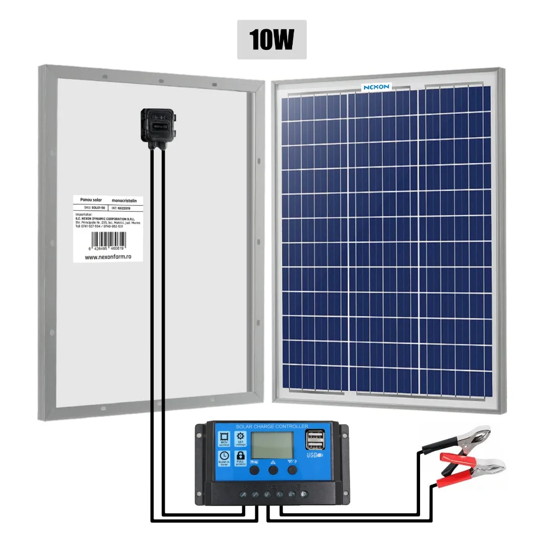 NEXON solar panel for electric fence, 10 W, with 10 A PWM charge controller