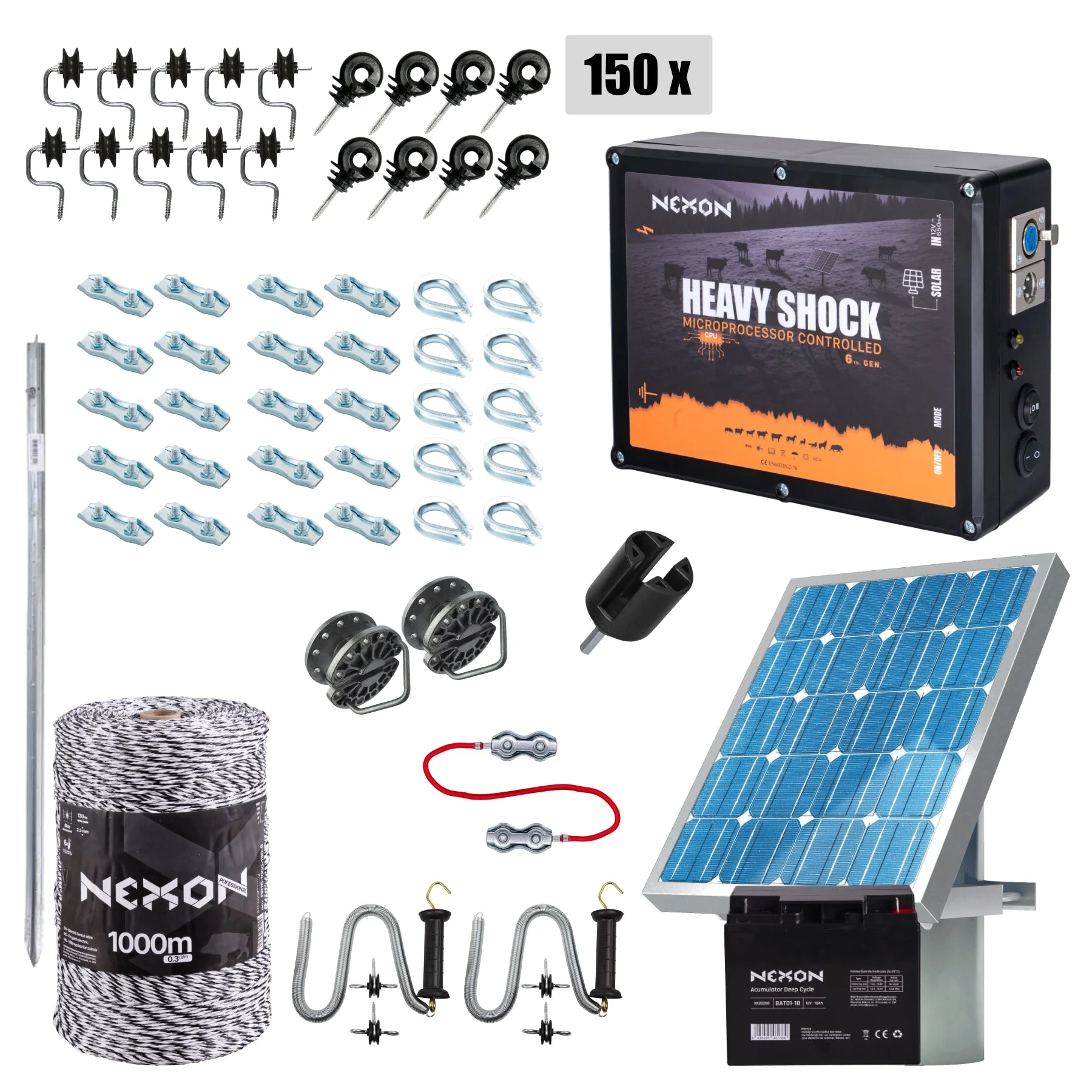 NEXON HeavyShock PRO 5 J complete solar electric fence kit with 1000 m PROFESSIONAL wire