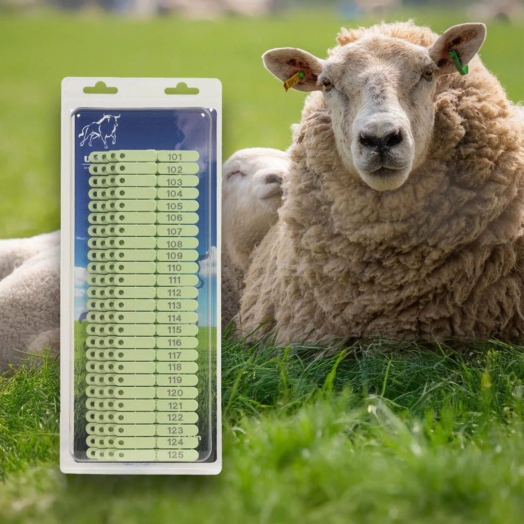 Ear tags numbered 1–100 for sheep, goats and pigs, green, set of 100