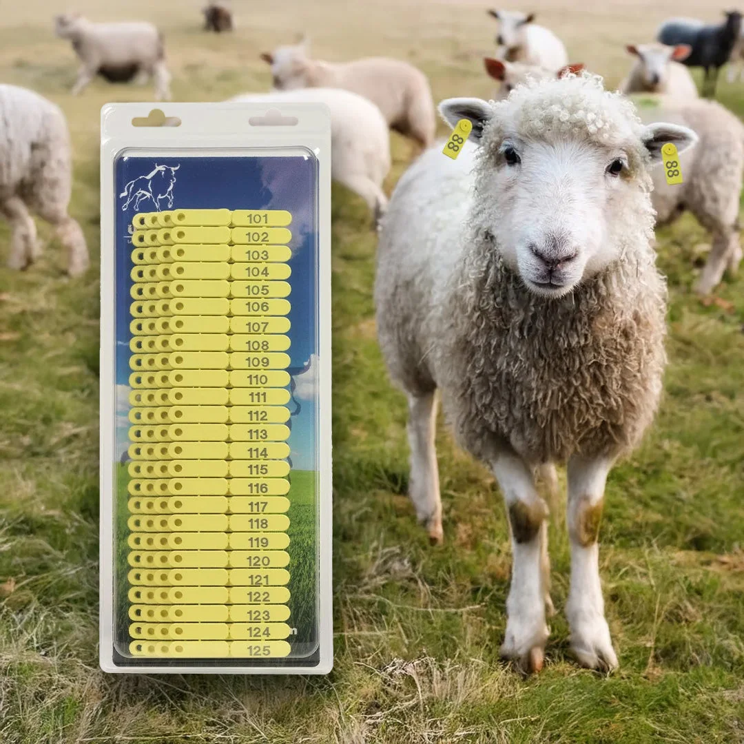 Ear tags numbered 1–100 for sheep, goats and pigs, yellow, set of 100
