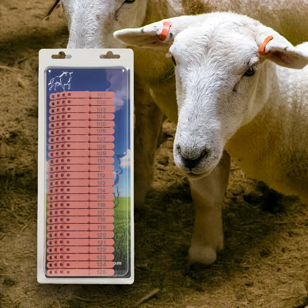 Ear tags numbered 1–100 for sheep, goats and pigs, red, set of 100