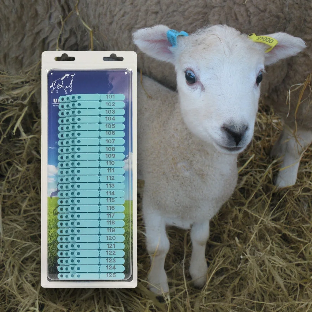 Ear tags numbered 1–100 for sheep, goats and pigs, blue, set of 100