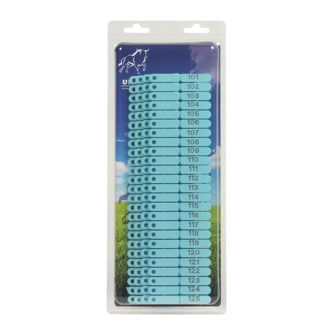 Ear tags numbered 1–100 for sheep, goats and pigs, blue, set of 100