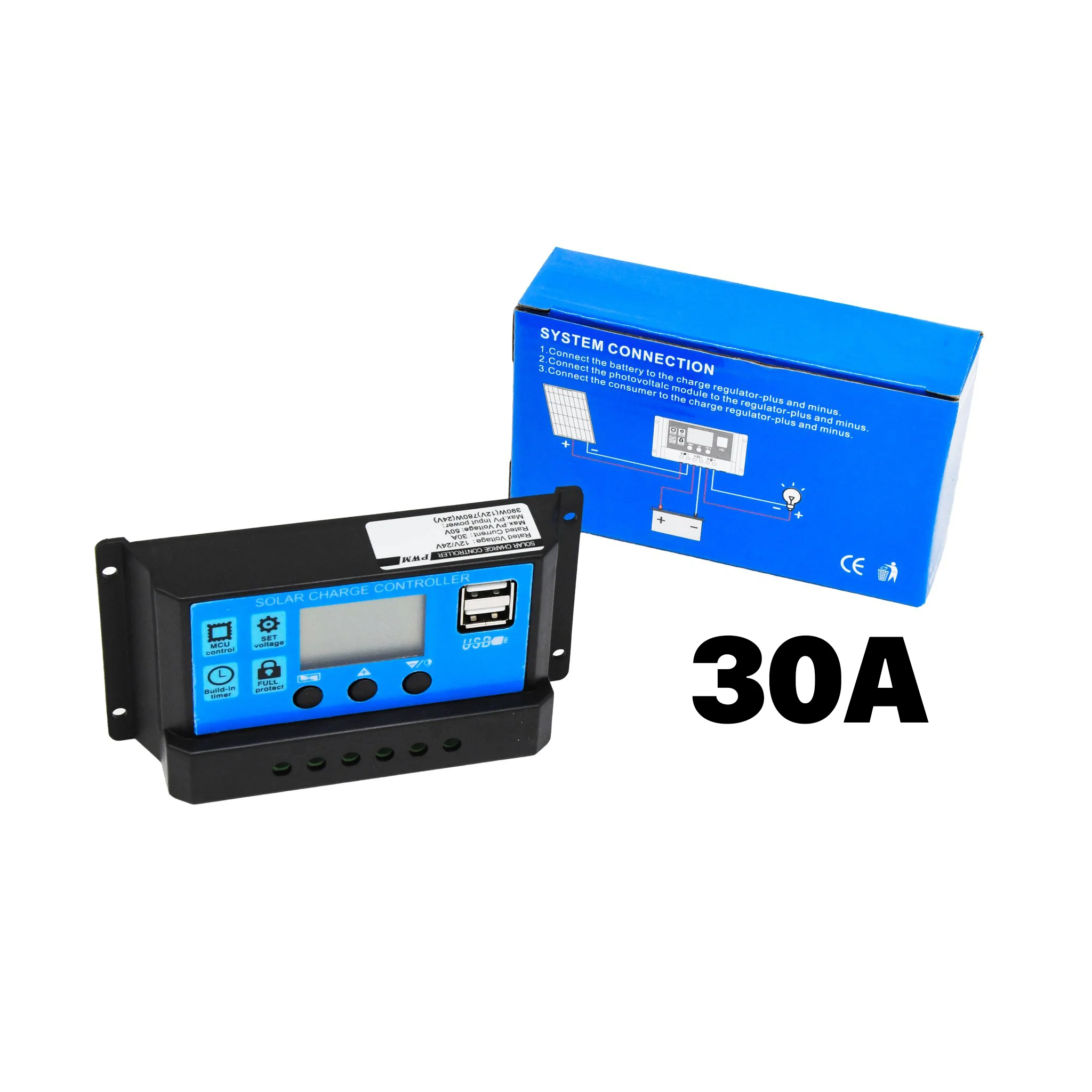 NEXON PWM solar charge controller, 12/24 V, 30 A, with 2 USB ports