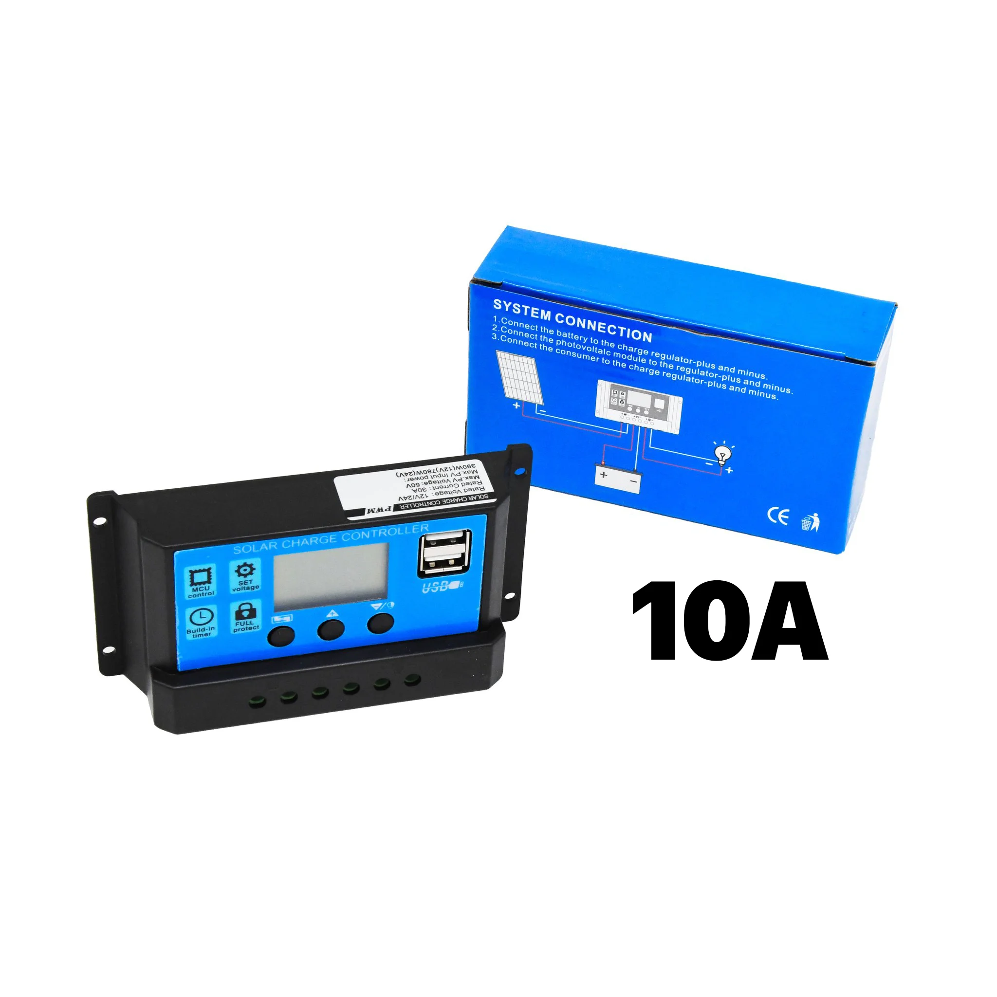 NEXON PWM solar charge controller, 12/24 V, 10 A, with 2 USB ports