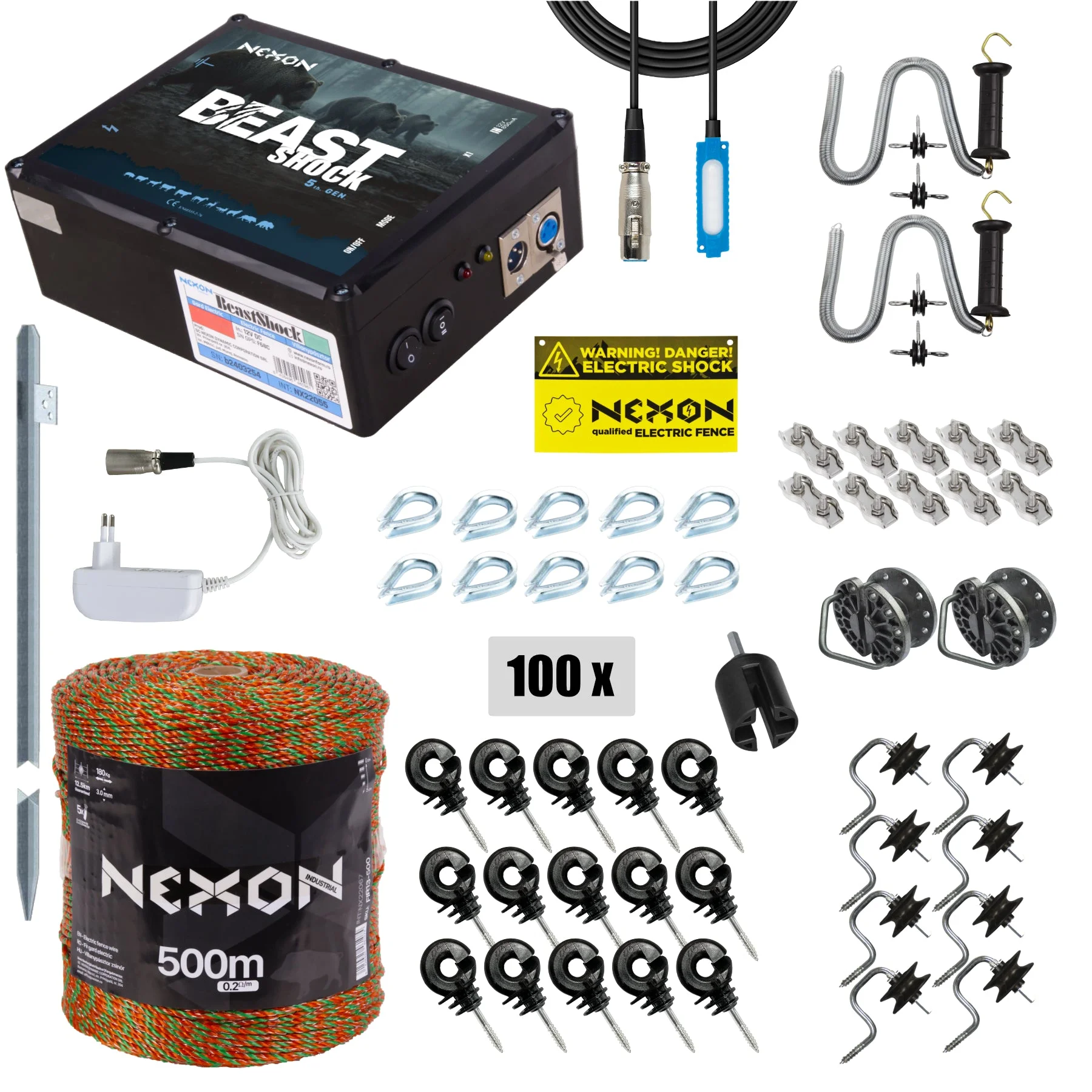 NEXON BeastShock 8.5 J electric fence kit with 500 m ULTRA wire, 180 kg