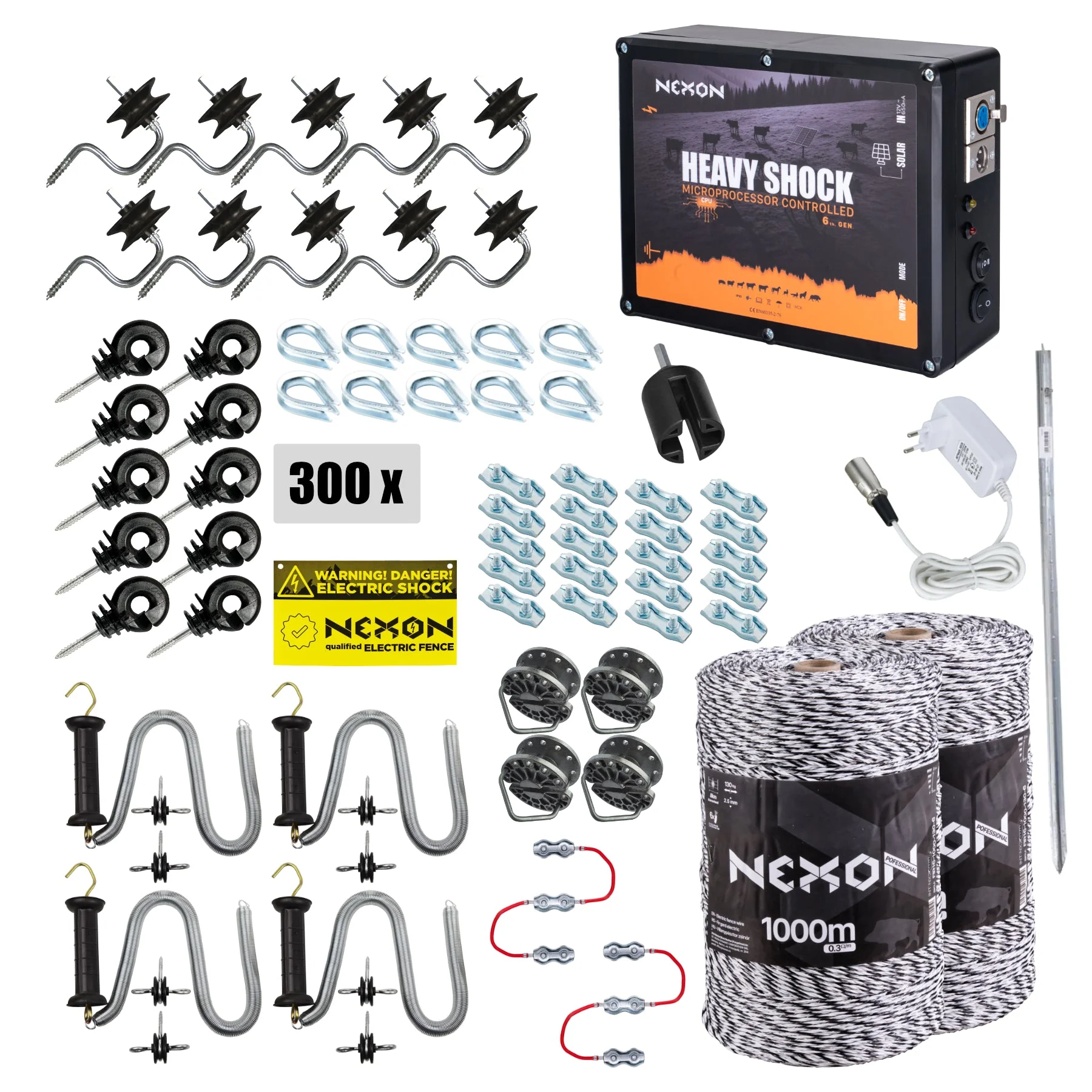 NEXON HeavyShock PRO 5 J complete electric fence kit, 12 V / 230 V, with 2000 m PROFESSIONAL wire
