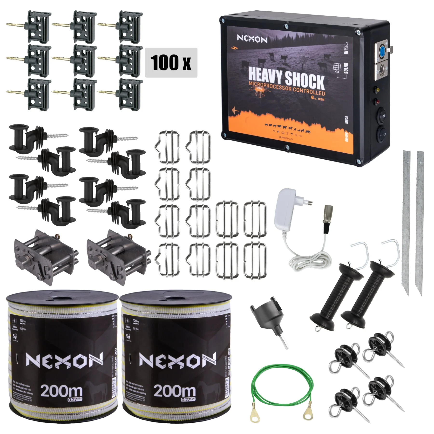 NEXON HeavyShock PRO 5 J electric fence kit with 400 m RANGER tape, 120 kg